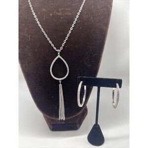 Swarovski Teardrop Tassel Pendant Long Necklace With Matching Hoop Earrings NWOT